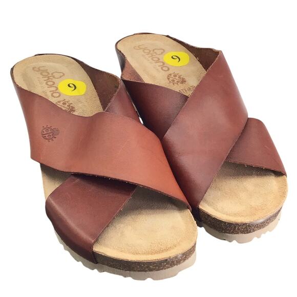 Yokono Mora Wedge Heels Sandals Womens Size 9 Open Toe Brown Leather - Picture 1 of 9